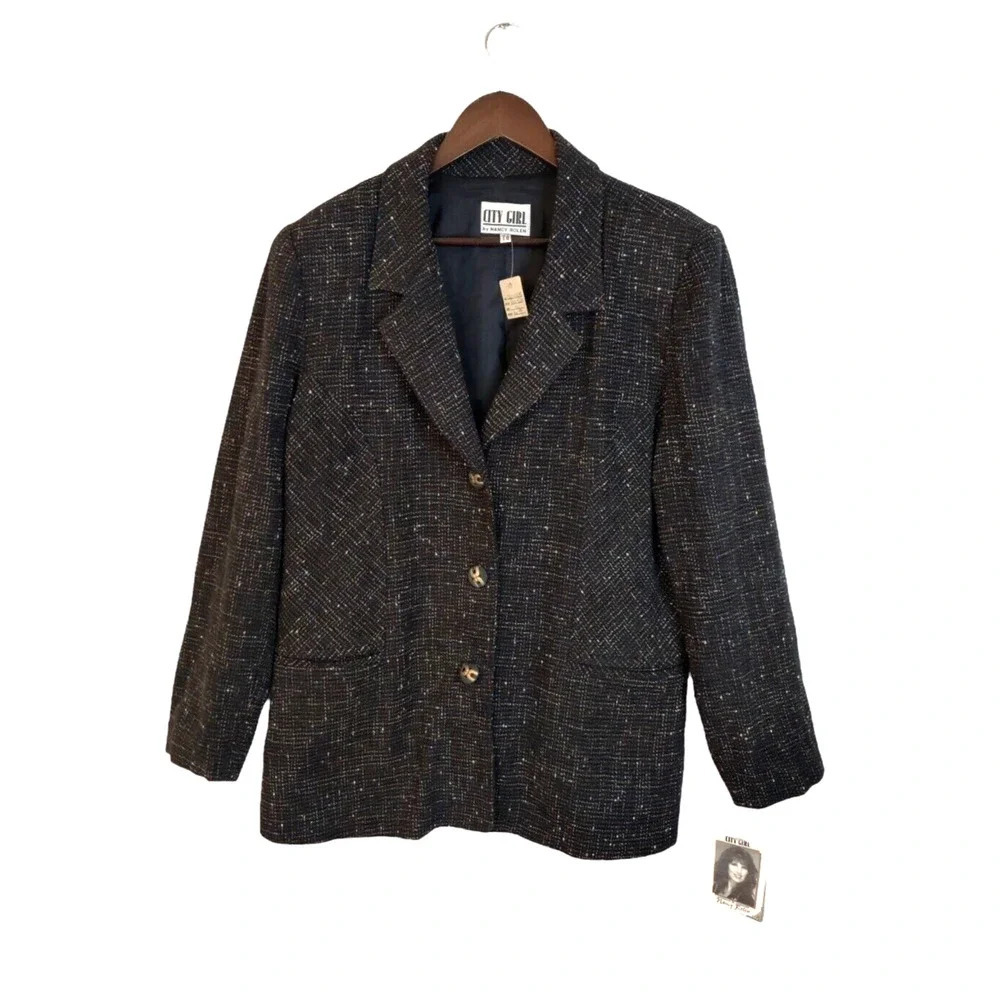 Vintage Nancy Bolen City Girl Tweed Black Wool Blend Blazer Size 16 Career